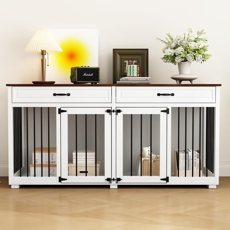 Hundekäfig Schrank 2-in-1 mit Schubladen – Beistelltisch & Hundehaus, Schwarz/Braun