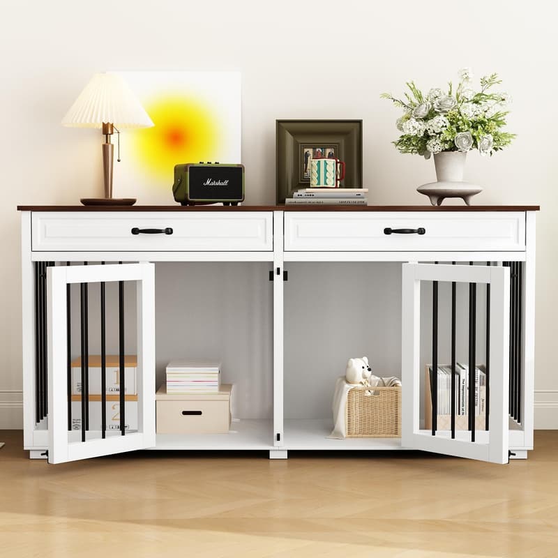 Hundekäfig Schrank 2-in-1 mit Schubladen – Beistelltisch & Hundehaus, Schwarz/Braun