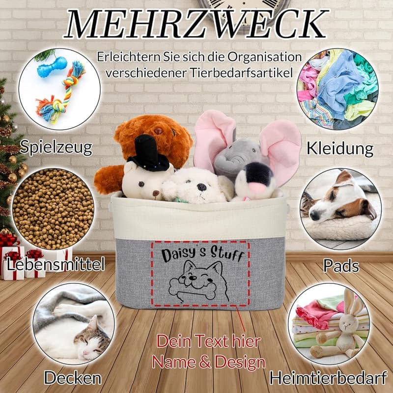 Personalisierter Hundespielzeugkorb mit Namen – zusammenklappbar, grau