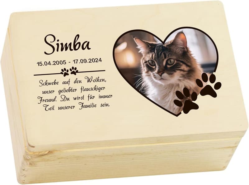 Trauer Erinnerungsbox für Haustiere mit personalisiertem Namen, 3 Größen, FSC-Holz