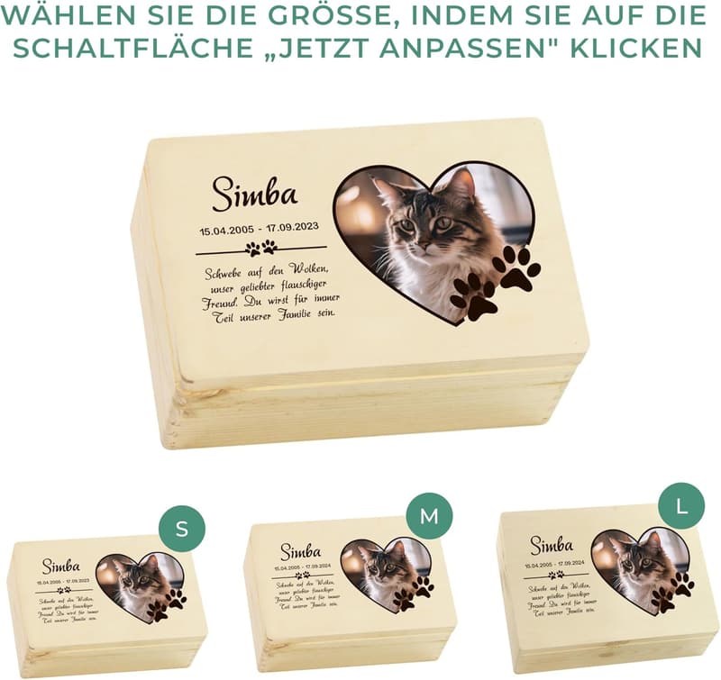 Trauer Erinnerungsbox für Haustiere mit personalisiertem Namen, 3 Größen, FSC-Holz