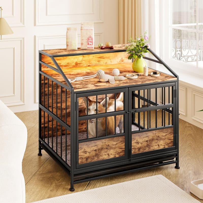 Hochbelastbare Hundebox mit Holzoberfläche für mittelgroße Hunde, schwarz