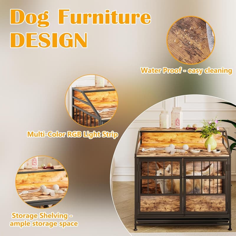 Hochbelastbare Hundebox mit Holzoberfläche für mittelgroße Hunde, schwarz