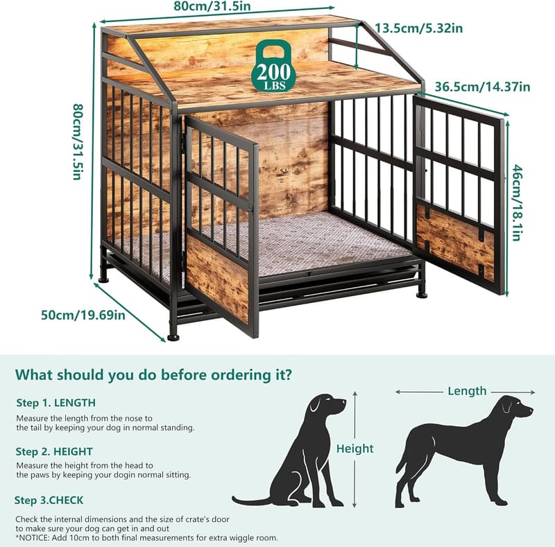 Hochbelastbare Hundebox mit Holzoberfläche für mittelgroße Hunde, schwarz