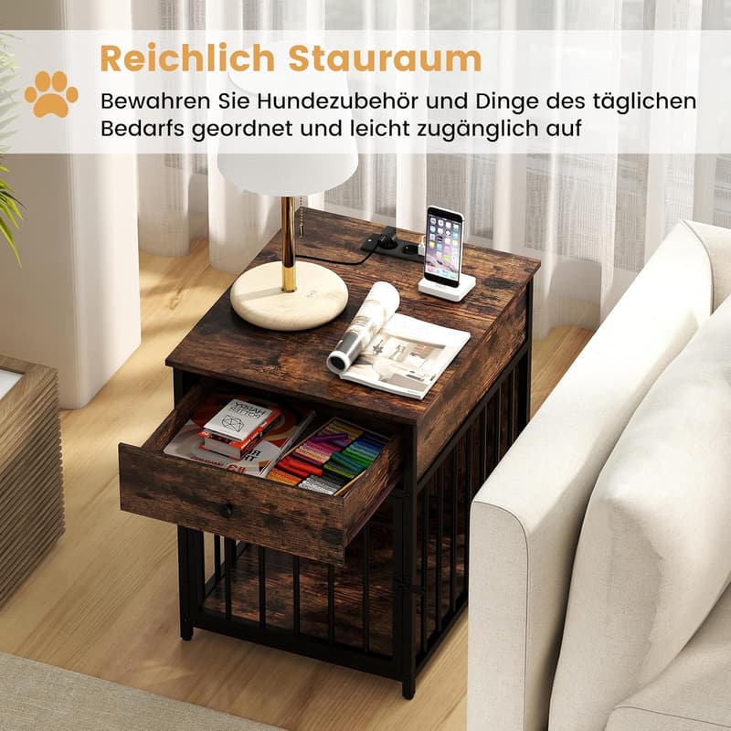 Hundekäfig mit Ladestation und Schublade, Vintagebraun, 50 x 60 x 64 cm