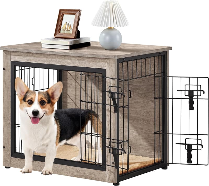 Moderne Hundebox aus Holz mit Decke und 2 Türen, 69x51x61 cm, Grau