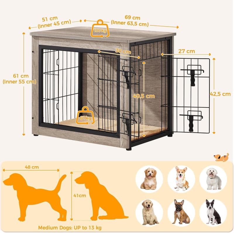 Moderne Hundebox aus Holz mit Decke und 2 Türen, 69x51x61 cm, Grau