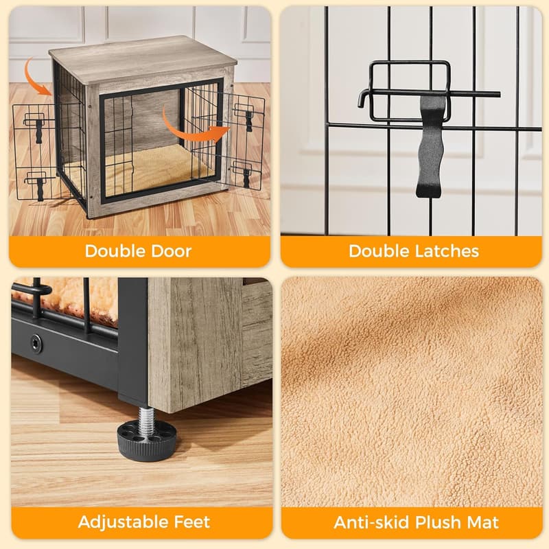 Moderne Hundebox aus Holz mit Decke und 2 Türen, 69x51x61 cm, Grau