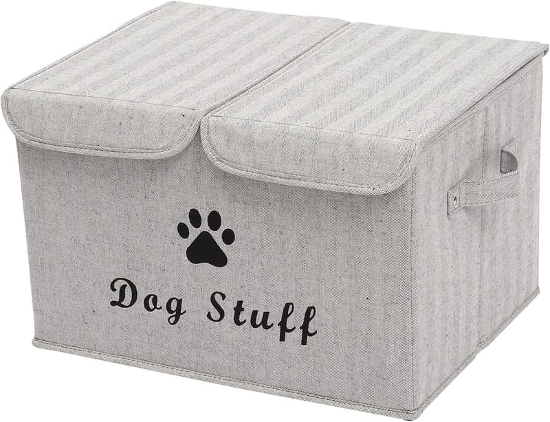 Faltbare Aufbewahrungsbox aus Leinen für Hundezubehör - 43x31x26 cm (Grau gestreift)