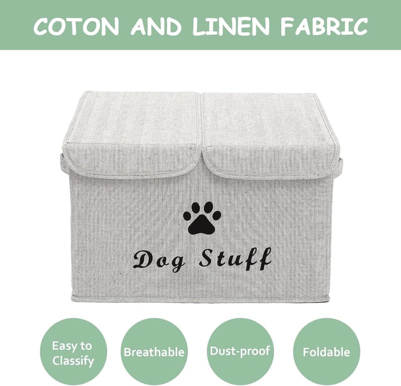Faltbare Aufbewahrungsbox aus Leinen für Hundezubehör - 43x31x26 cm (Grau gestreift)