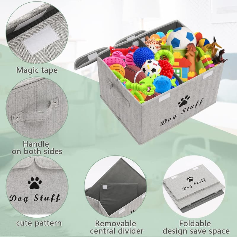 Faltbare Aufbewahrungsbox aus Leinen für Hundezubehör - 43x31x26 cm (Grau gestreift)