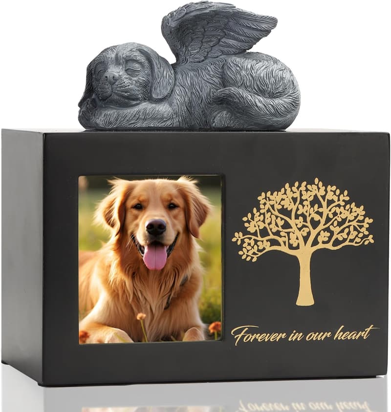 Haustierurne aus Holz für Hundeasche mit Hundestatue – Schwarz