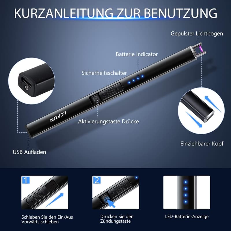 Elektrisches Lichtbogen Feuerzeug - USB aufladbar, winddicht, für Kerzen und Feuerwerk