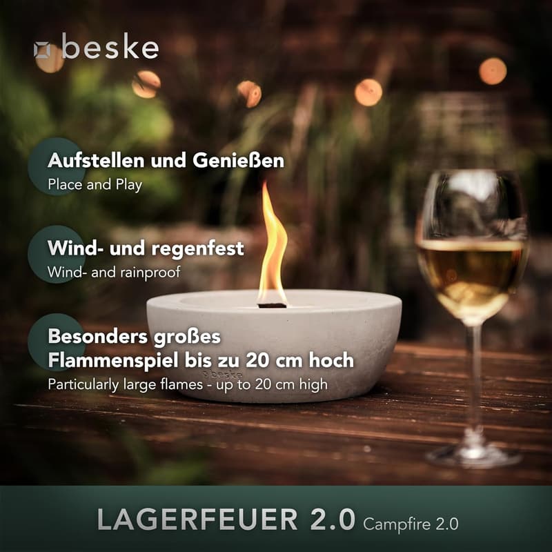 Beton Tischfeuer 'SAVO' – Wiederbefüllbare Fackel mit Dauerdocht, 25 cm