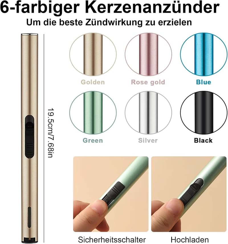 6er Set Nachfüllbares Stabfeuerzeug 20cm in 6 Farben für Kerzen und Grill