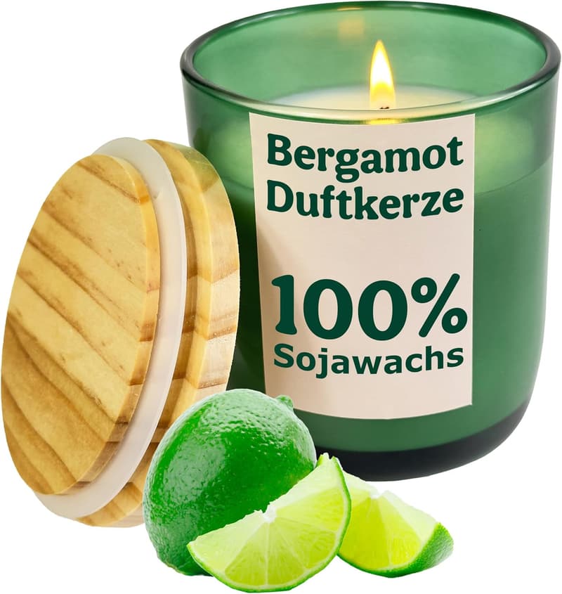 Duftkerze aus natürlichem Wachs mit Bergamotte und grünem Apfel, 200 g, 45 Std. Brenndauer, Geschenk für Frauen