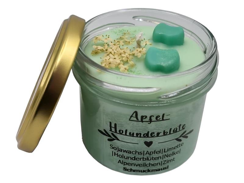Handgemachte Duftkerze im Glas aus 100% Sojawachs - Apfel Holunderblüte