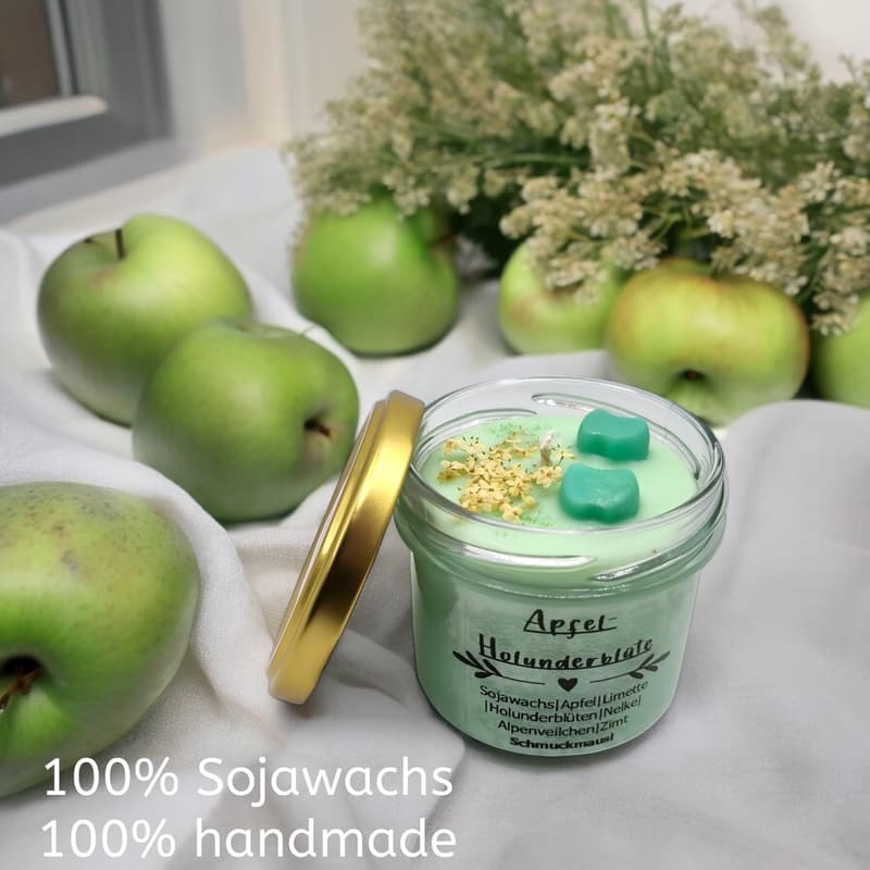 Handgemachte Duftkerze im Glas aus 100% Sojawachs - Apfel Holunderblüte