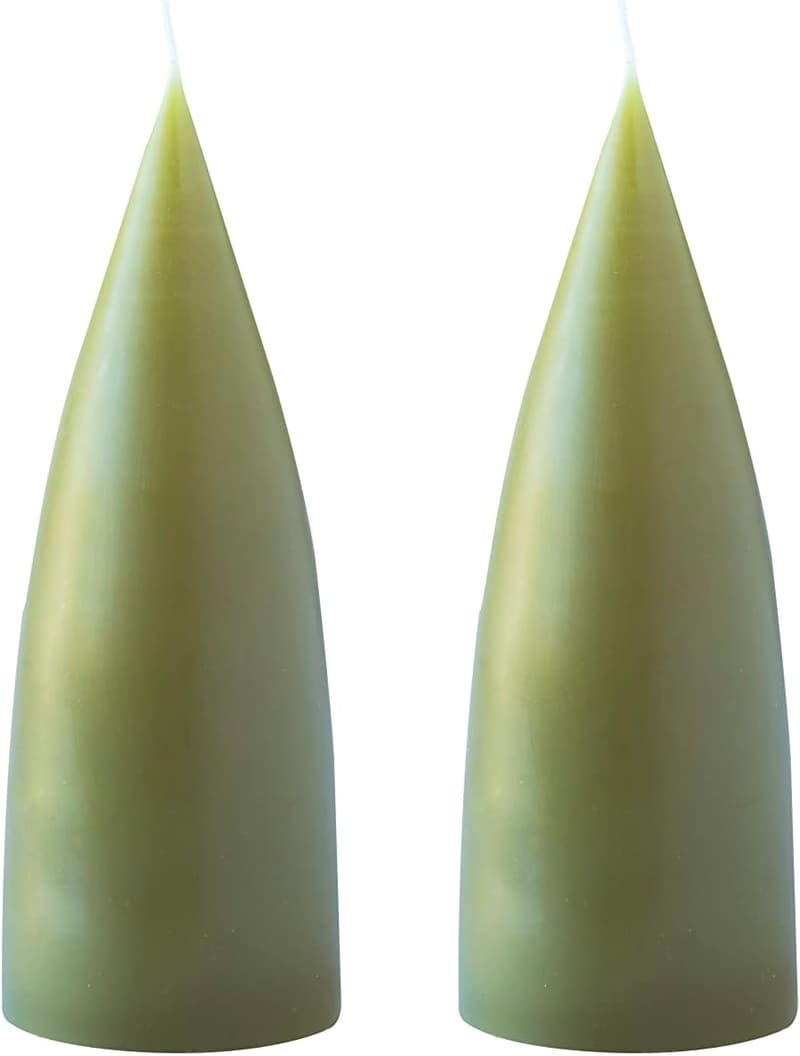 Olivenfarbene Kegelkerzen – Durchgefärbt, lange Brenndauer, 2er Set