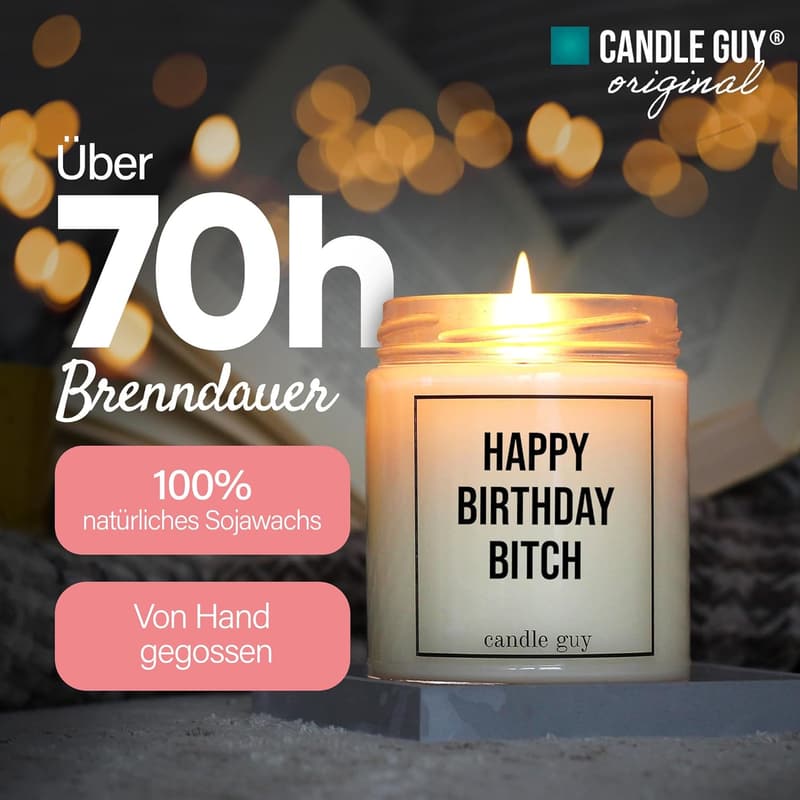 Happy Birthday Duftkerze | Handgemacht aus 100% Sojawachs | 70h Brenndauer