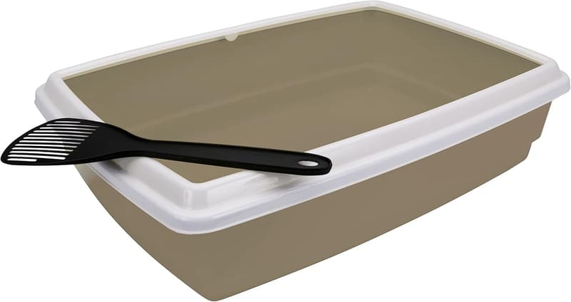 Hygienische Katzentoilette aus Kunststoff mit Rand und Schaufel, 44 x 34 x 11 cm, Taupe