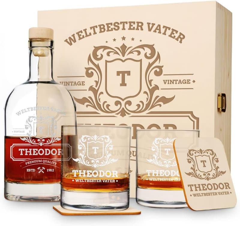 Geschenkset zur Geburtstagsfeier: Whisky Karaffe mit Gravur „Weltbester Vater“ 700 ml, 2 Gläser, Holzkiste, 2 Untersetzer