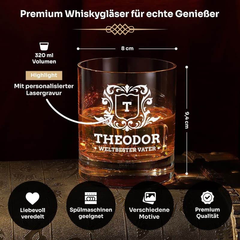 Geschenkset zur Geburtstagsfeier: Whisky Karaffe mit Gravur „Weltbester Vater“ 700 ml, 2 Gläser, Holzkiste, 2 Untersetzer