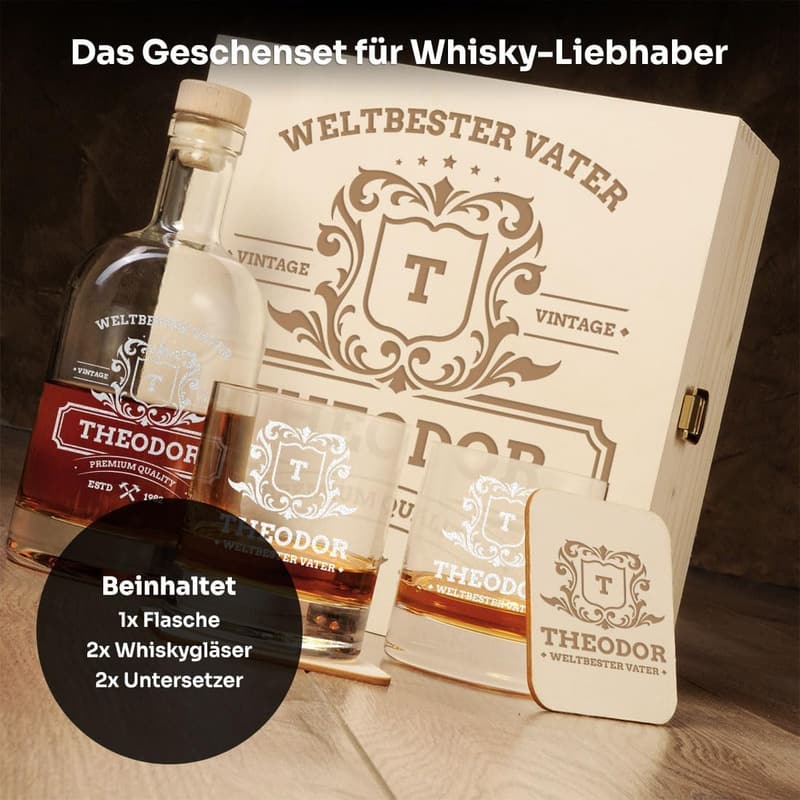 Geschenkset zur Geburtstagsfeier: Whisky Karaffe mit Gravur „Weltbester Vater“ 700 ml, 2 Gläser, Holzkiste, 2 Untersetzer