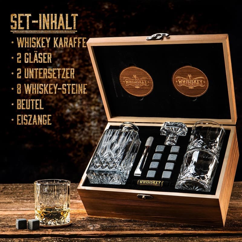Whiskey Geschenkeset für Männer - Klassische Karaffe mit Gläsern und Steinen