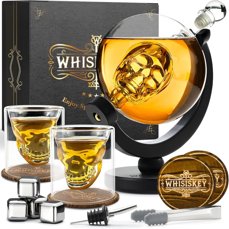 Whiskey Geschenkset mit Skull Dekanter 900ml und 2 Gläsern für Männer