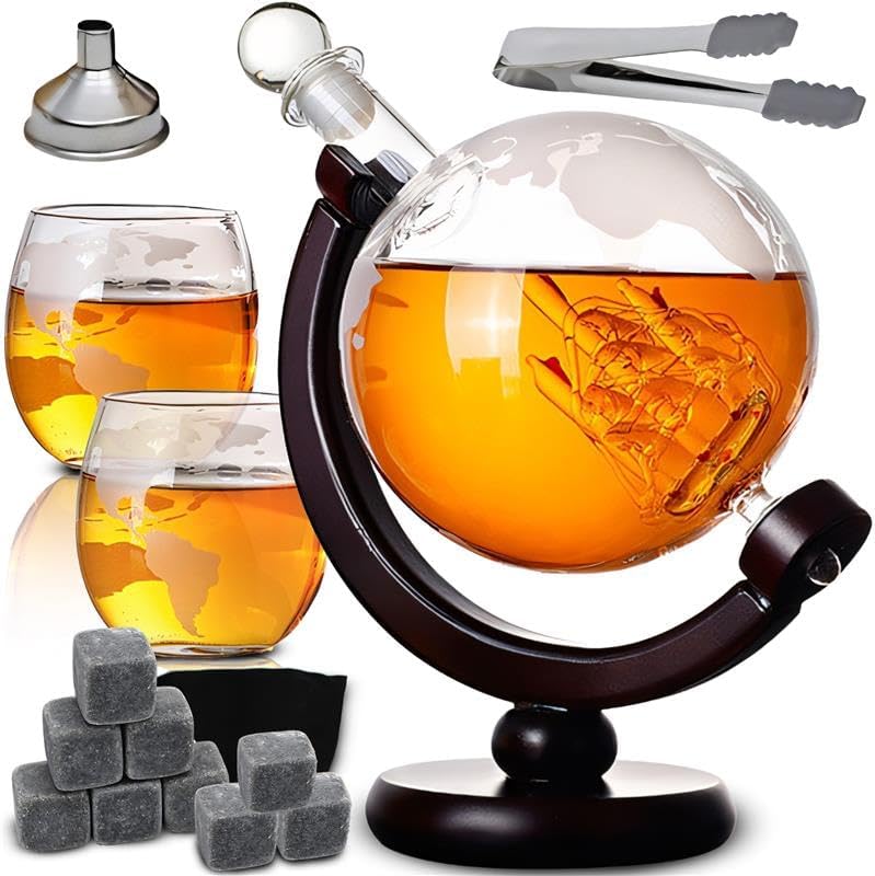 Whisky Karaffe Set im Globus-Design mit 2 Gläsern und Zubehör