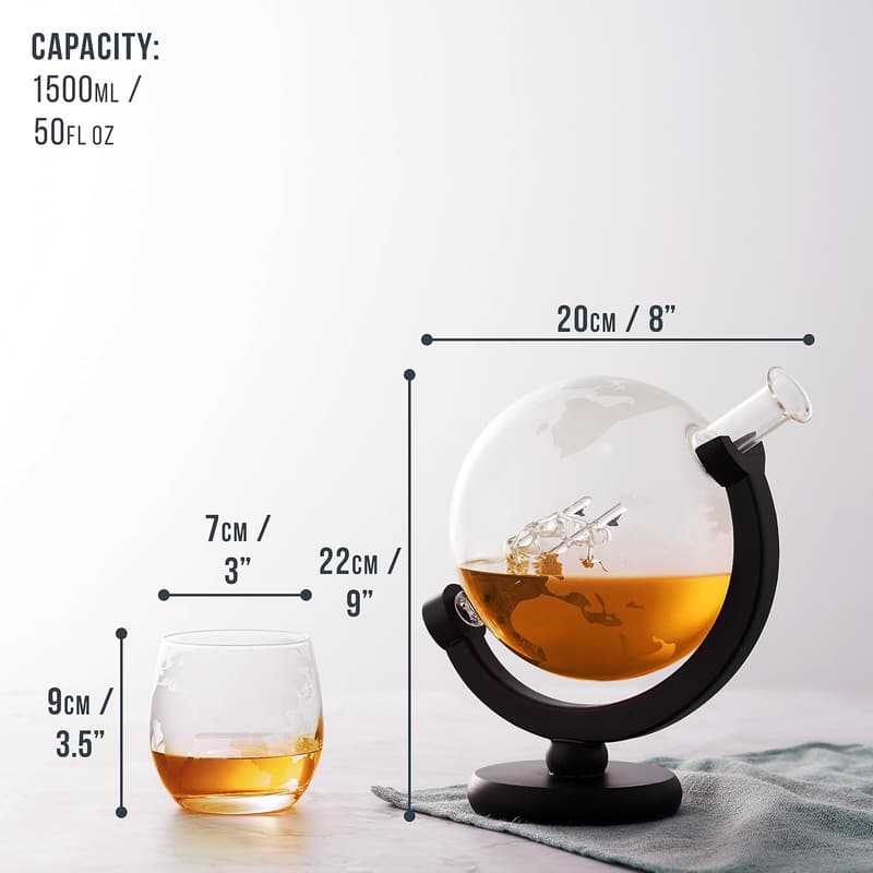 XL Whisky Dekanter Set aus Glas mit Weltkarte – 1500ml – Geschenkset für Männer