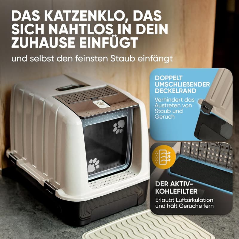 Katzenklo mit Deckel und Filter, XXL, inklusive Matten und Schaufel