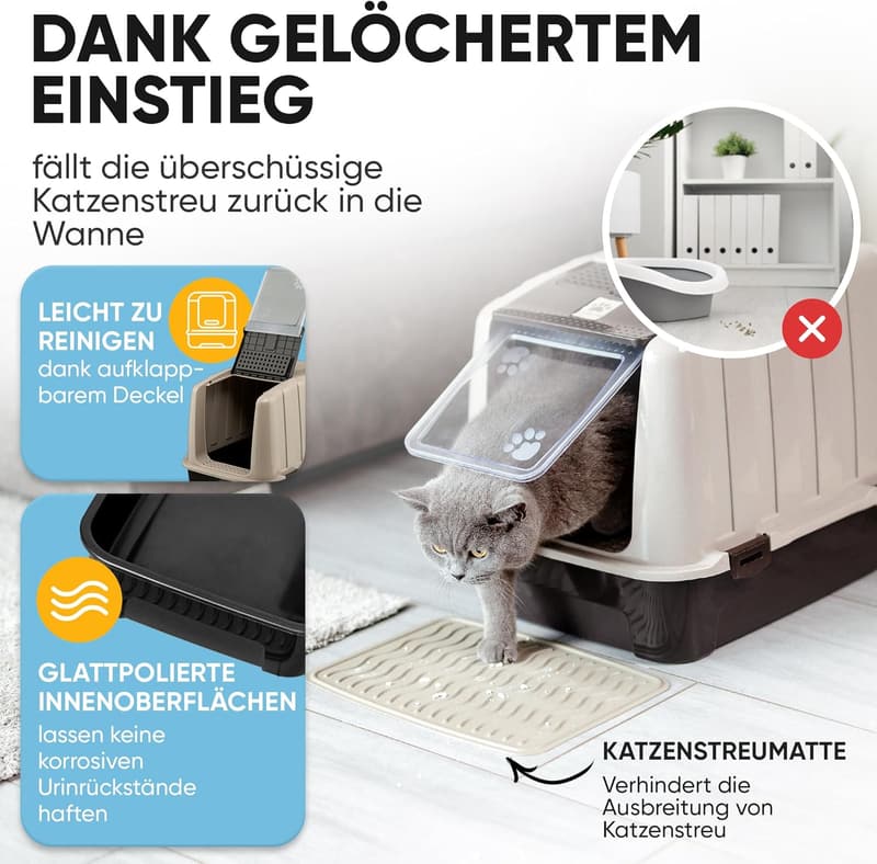 Katzenklo mit Deckel und Filter, XXL, inklusive Matten und Schaufel
