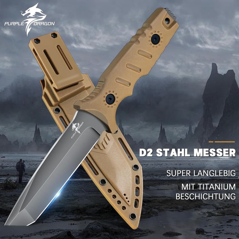 Survival Messer aus D2 Stahl mit Kydex Scheide und G10 Griff