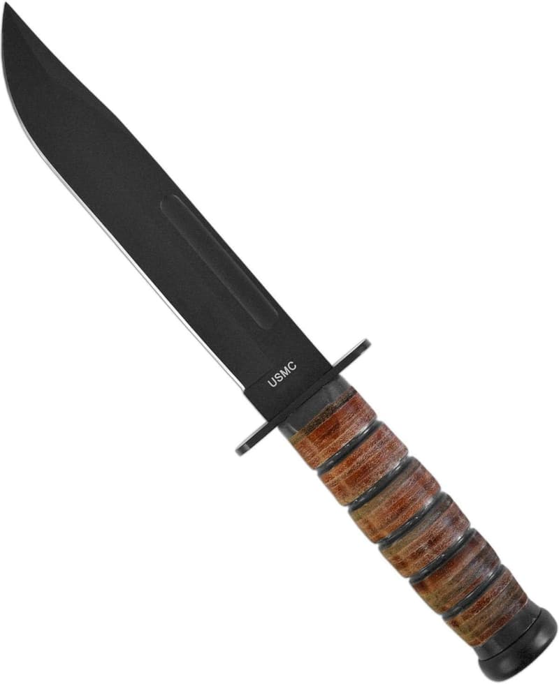 Normani USMC Kampfmesser mit Griff aus Lederringen und schwarzer Klinge
