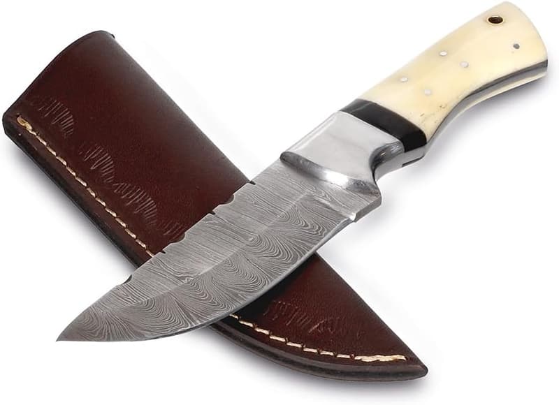 Damast-Jagdmesser Chameau mit Kamelknochengriff und Rindsleder-Scheide