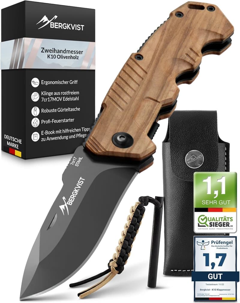 K10 Klappmesser aus Olivenholz mit Feuerstahl für Outdoor & Survival