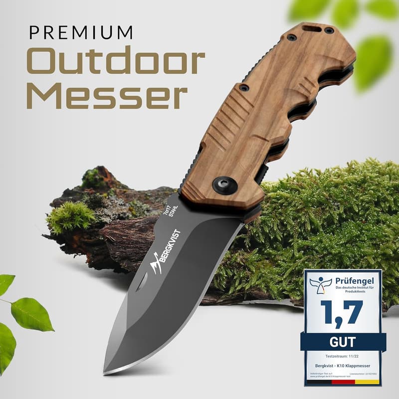 K10 Klappmesser aus Olivenholz mit Feuerstahl für Outdoor & Survival