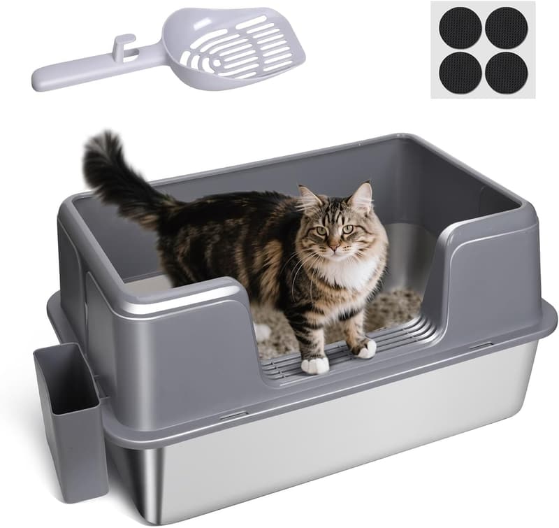 Auslaufsichere Katzentoilette aus Edelstahl XXL mit hohem Rand und Schaufel