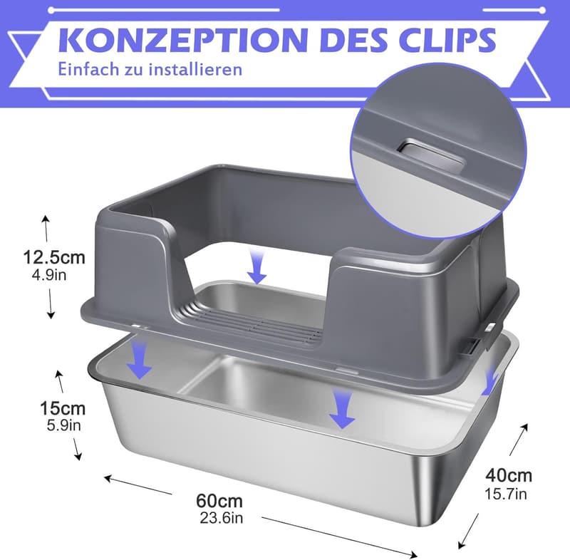 Auslaufsichere Katzentoilette aus Edelstahl XXL mit hohem Rand und Schaufel