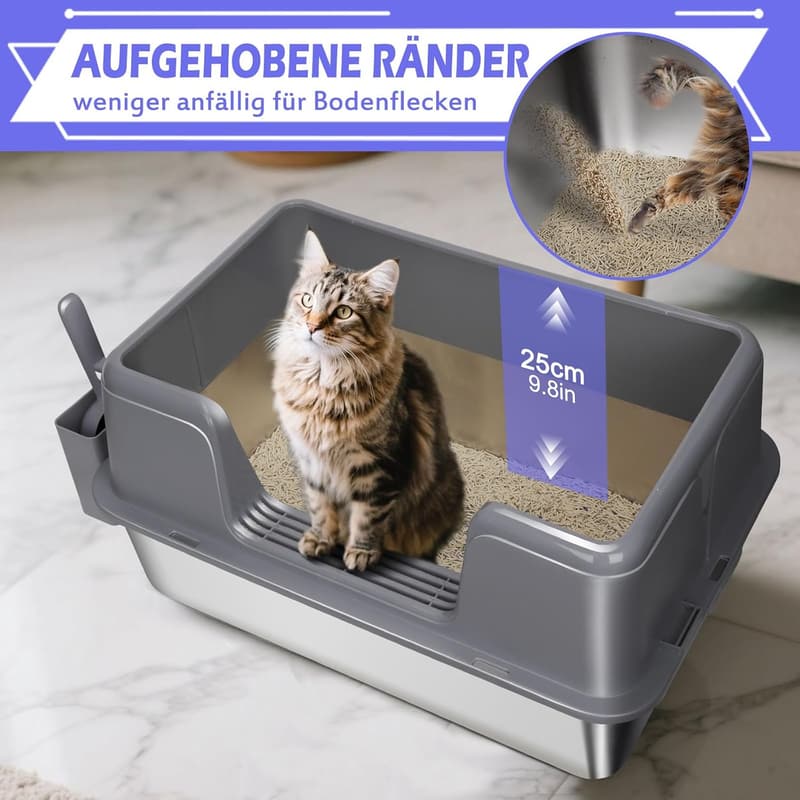 Auslaufsichere Katzentoilette aus Edelstahl XXL mit hohem Rand und Schaufel