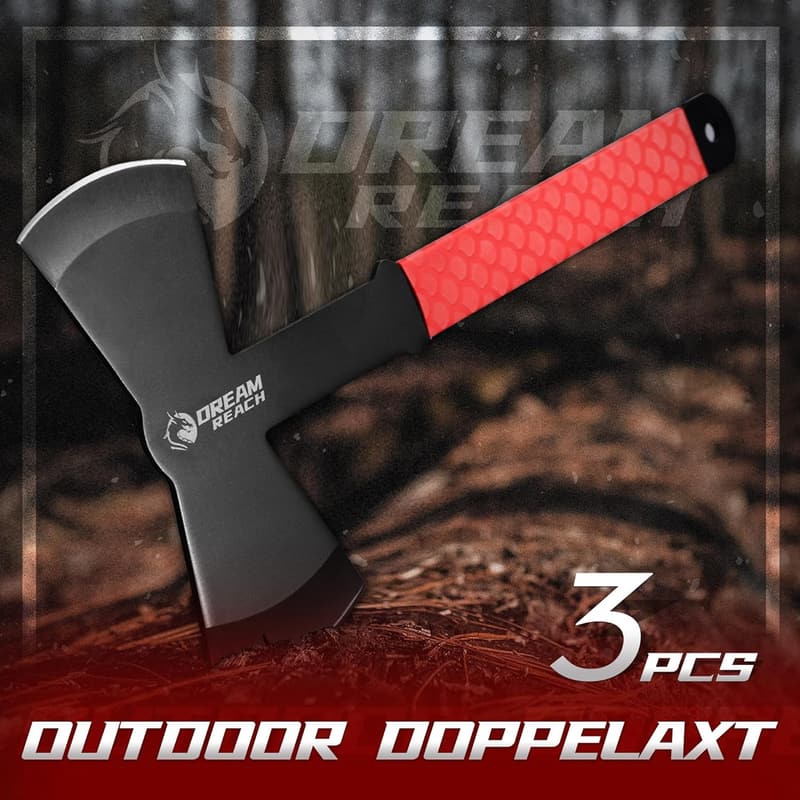 Survival-Axt-Set 3-teilig mit voll tang Griff und roter Gummihülle