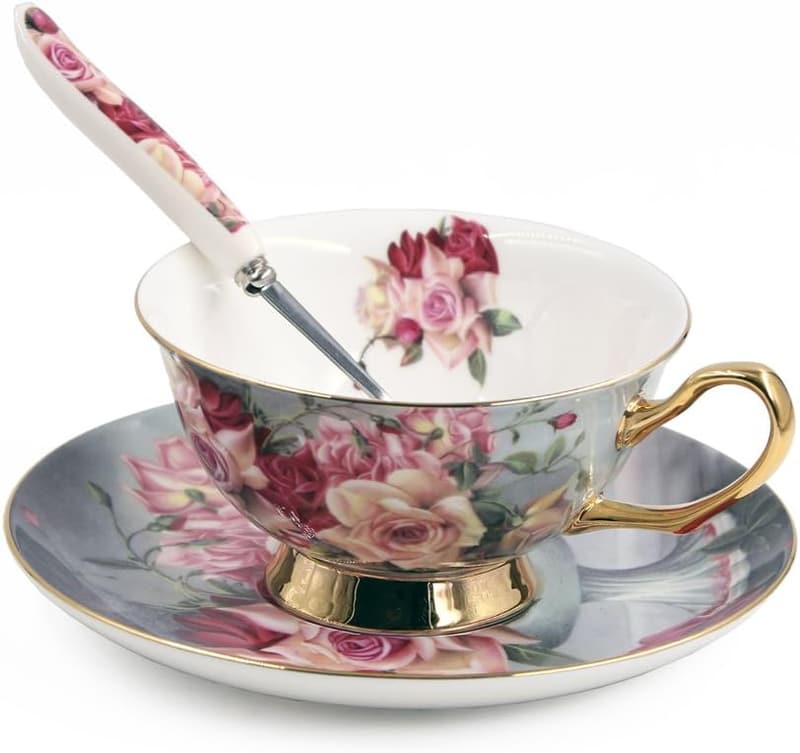 Rote Rose Kaffeetasse-Set aus Bone China mit Untertasse und Löffel, 200ml
