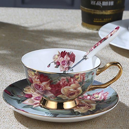 Rote Rose Kaffeetasse-Set aus Bone China mit Untertasse und Löffel, 200ml