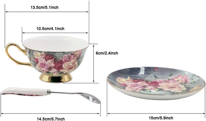 Rote Rose Kaffeetasse-Set aus Bone China mit Untertasse und Löffel, 200ml