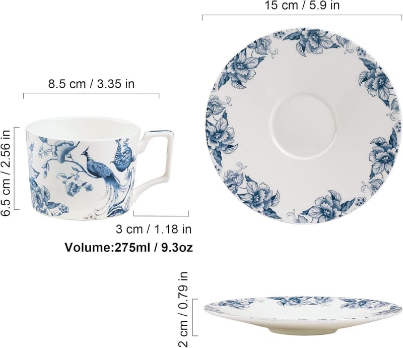 Blaue und weiße Porzellan Teetasse mit Untertasse für Frauen, 250ml