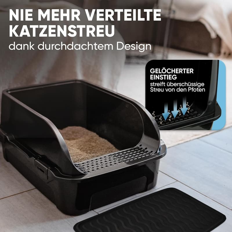 Offenes Katzenklo mit hohem Rand und Matte - Katzenklo in Schwarz