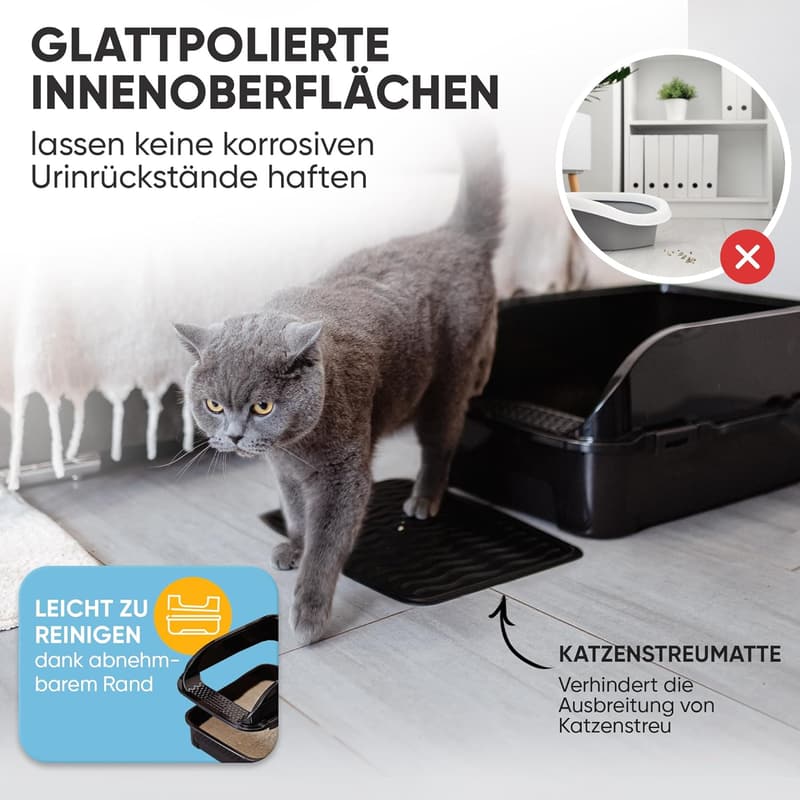 Offenes Katzenklo mit hohem Rand und Matte - Katzenklo in Schwarz