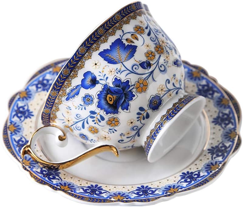 Vintage Teetasse Set aus feinem Bone China mit blauen Blumen, 200ml